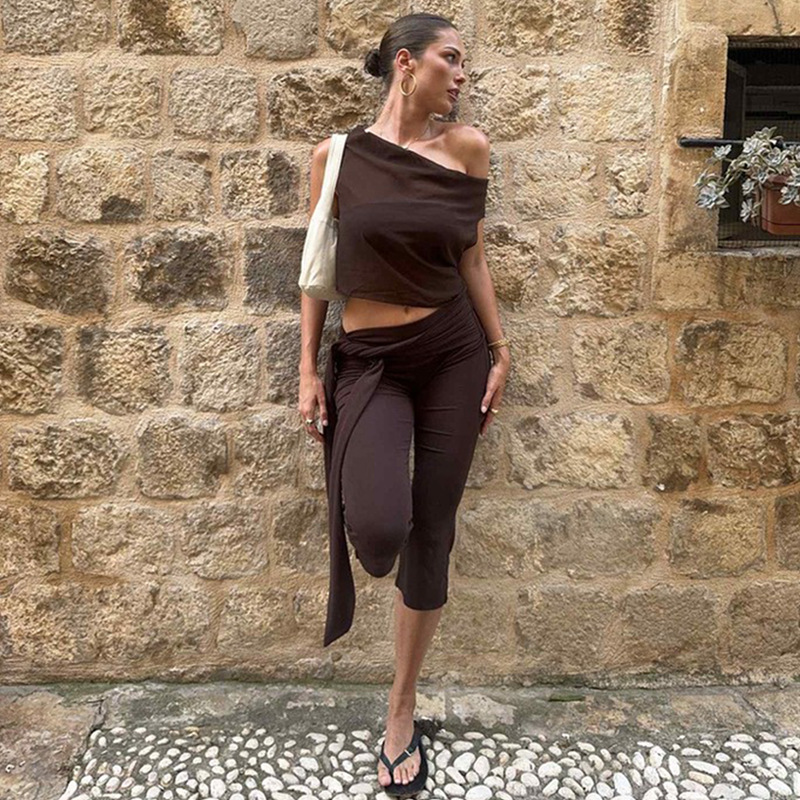 Women Waist Tie Flare Cropped Capri Pants