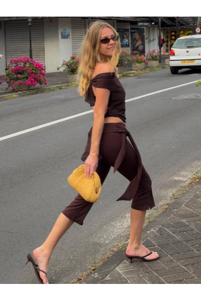 Women Waist Tie Flare Cropped Capri Pants 02