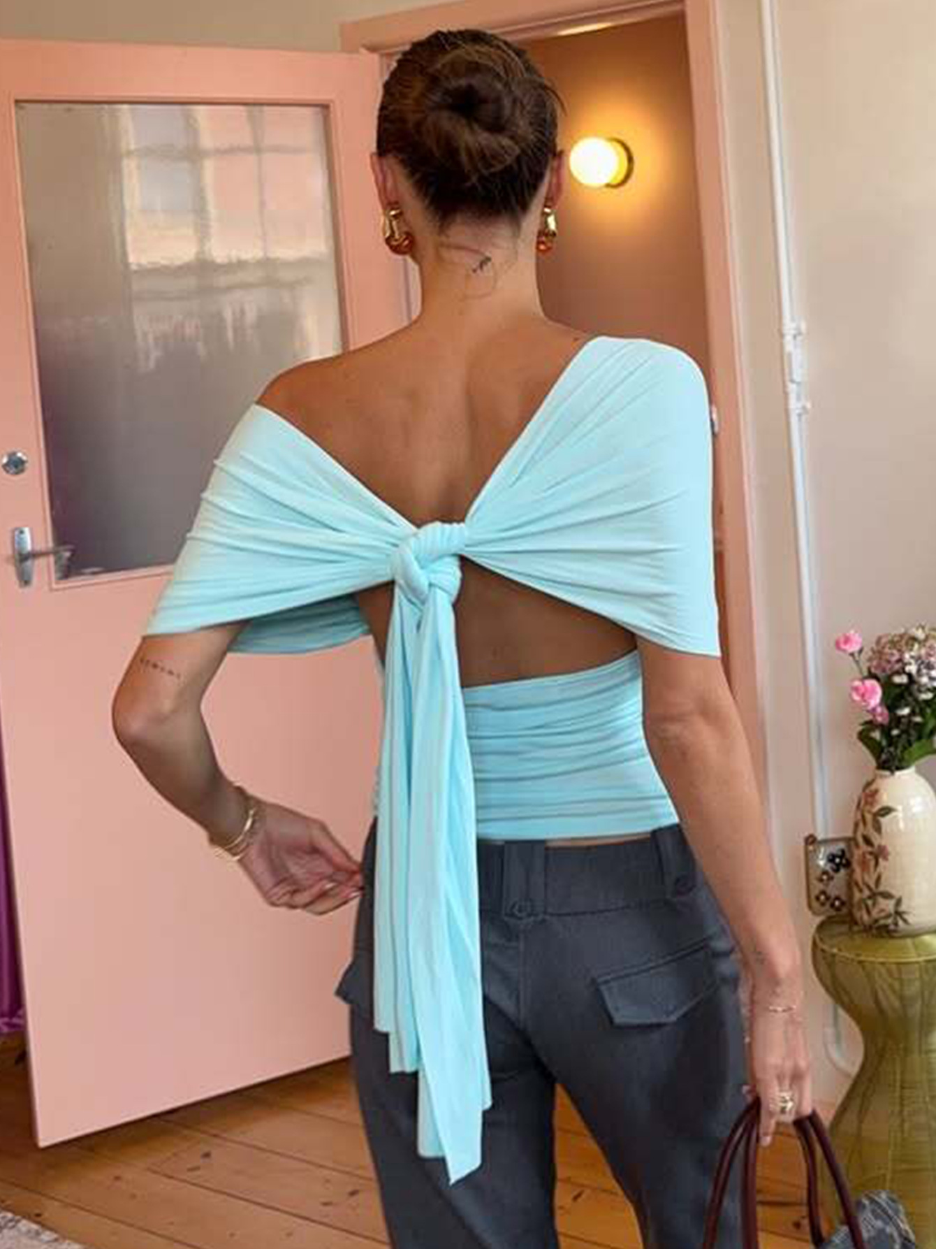 Women Off Shoulder Tie Back Ruched Crop Top