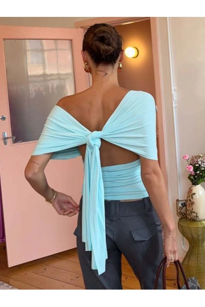 Women Off Shoulder Tie Back Ruched Crop Top 02