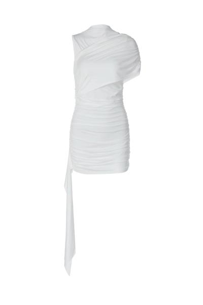 Women Ruched Asymmetric Neck Bodycon Mini Dress 01