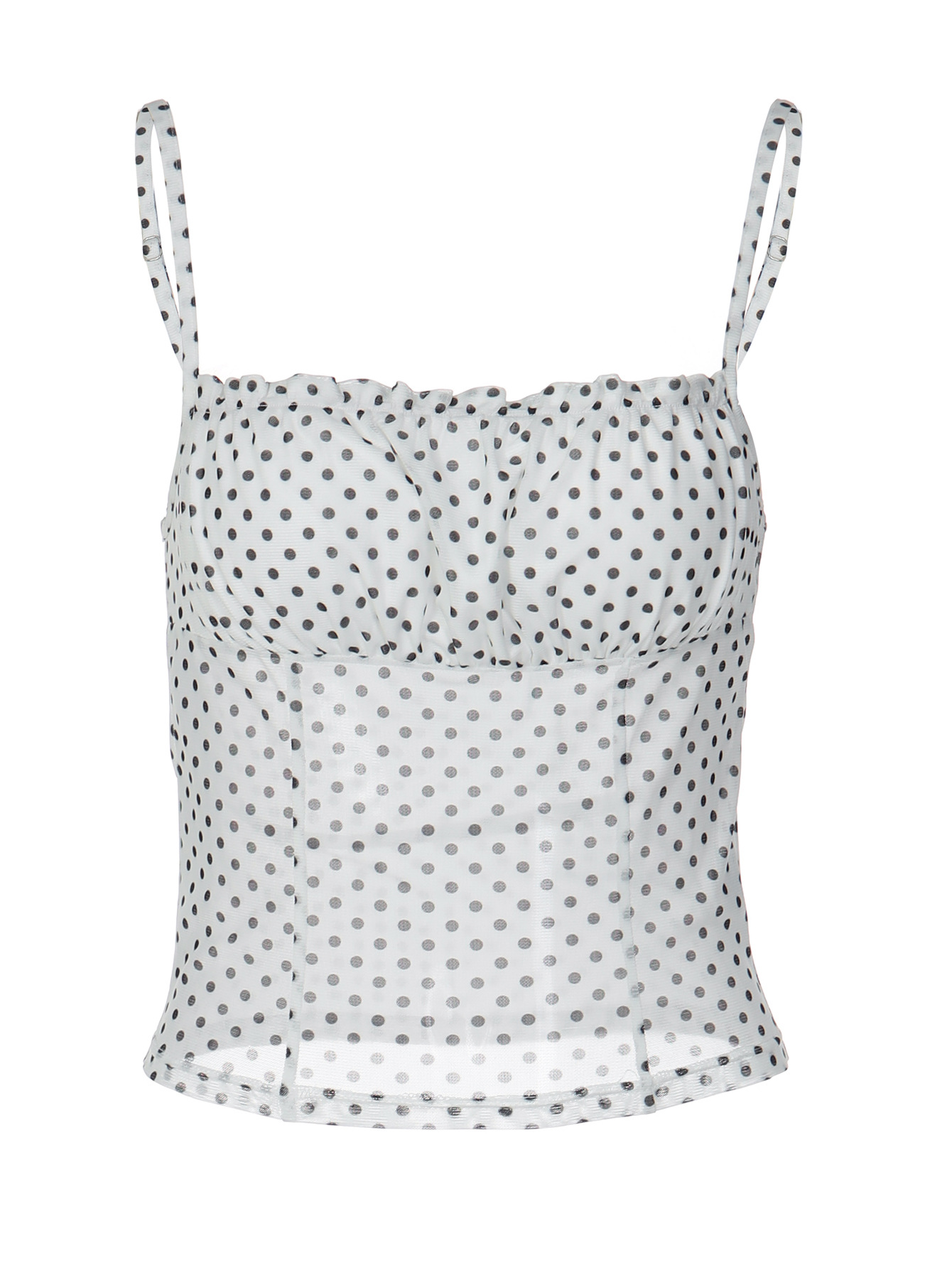 Women Polka Dot Mesh Ruched Cami Crop Top