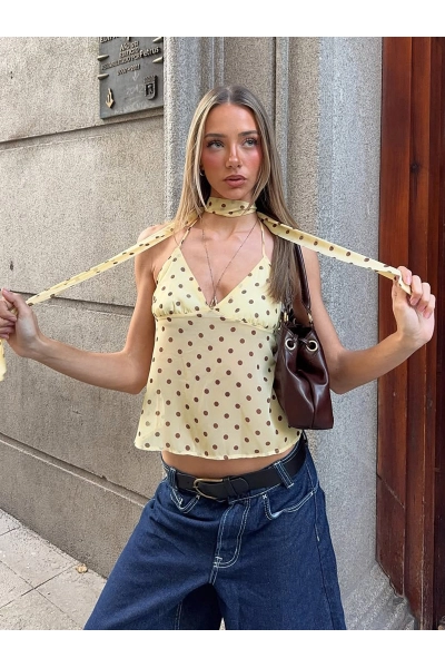 Women Polka Dot Halter Open Back Tie Crop Cami 02