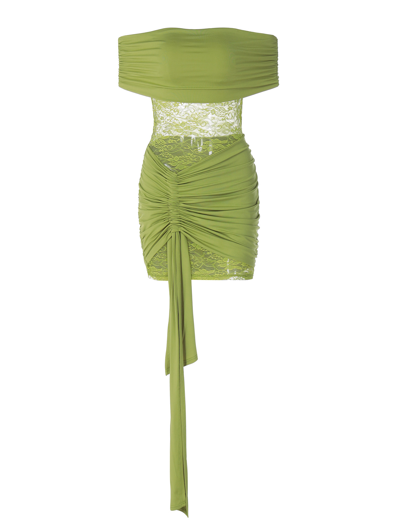 Women Off Shoulder Lace Panel Ruched Bodycon Mini Dress