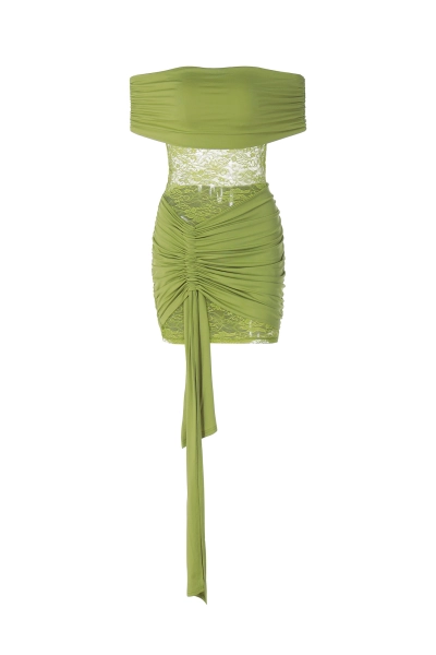 Women Off Shoulder Lace Panel Ruched Bodycon Mini Dress 01