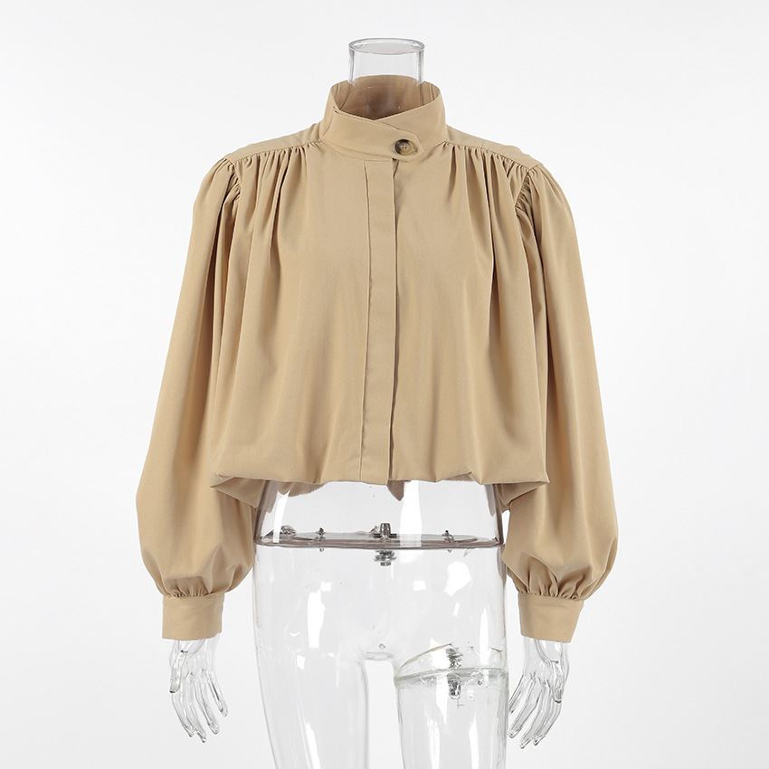 Women's Cropped Puff Sleeve Jacket, Stand Collar Button Down Casual Blouse, Vintage Pleated Lightweight Outerwear
