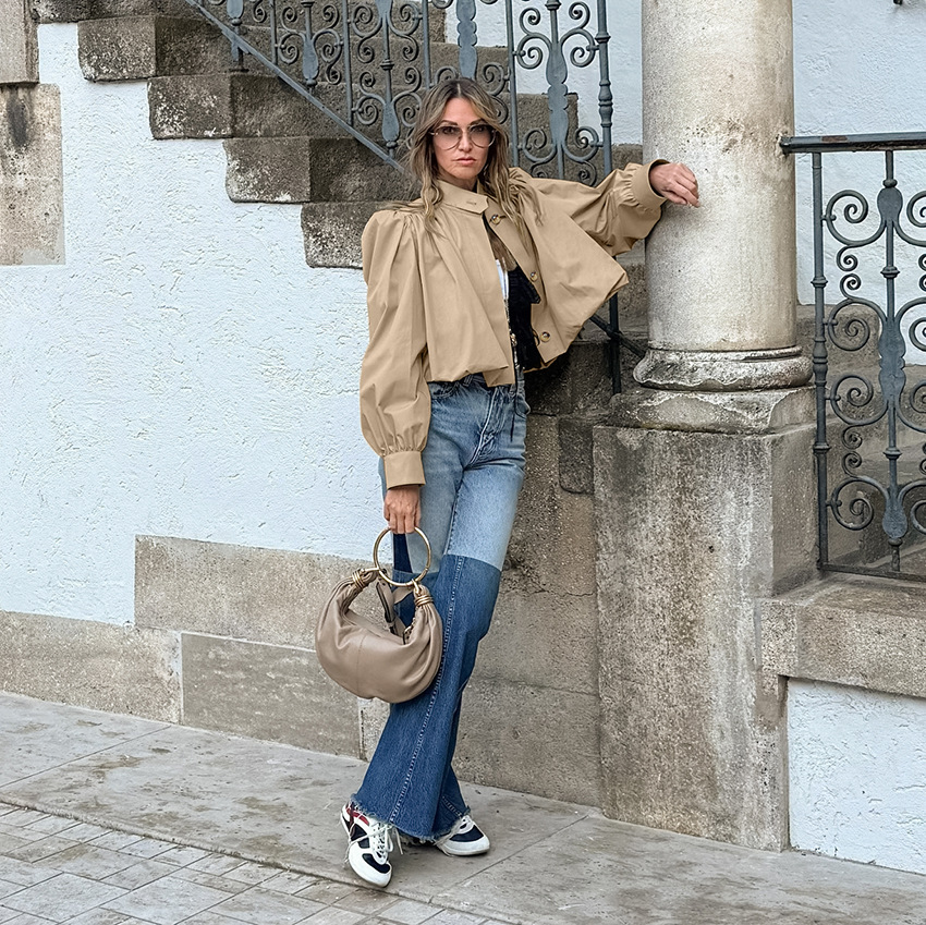Women's Cropped Puff Sleeve Jacket, Stand Collar Button Down Casual Blouse, Vintage Pleated Lightweight Outerwear
