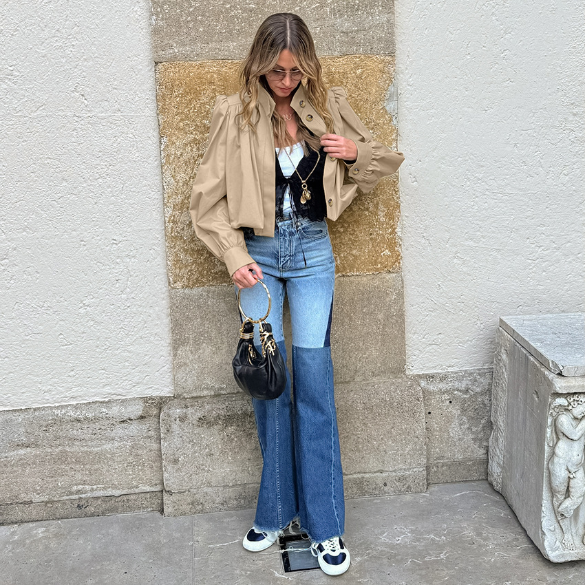 Women's Cropped Puff Sleeve Jacket, Stand Collar Button Down Casual Blouse, Vintage Pleated Lightweight Outerwear