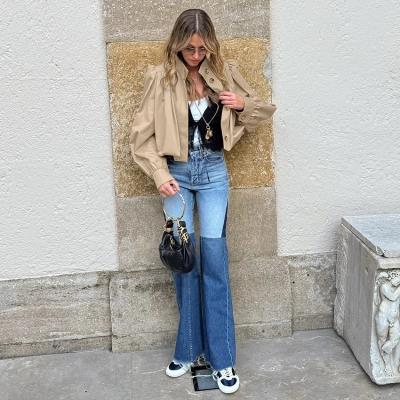 Women's Cropped Puff Sleeve Jacket, Stand Collar Button Down Casual Blouse, Vintage Pleated Lightweight Outerwear 01