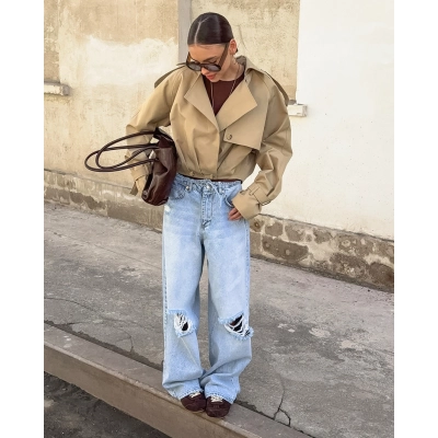 Women's Cropped Trench Jacket, Open Front Oversized Blazer, Notched Lapel Casual Outerwear with Adjustable Cuffs 02