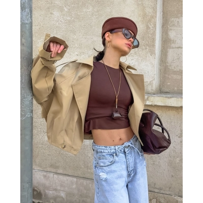 Women's Cropped Trench Jacket, Open Front Oversized Blazer, Notched Lapel Casual Outerwear with Adjustable Cuffs 01
