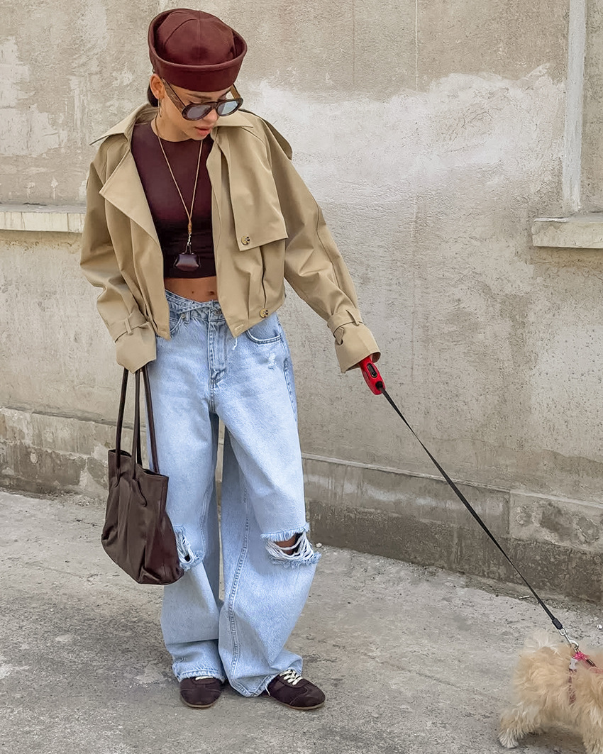 Women's Cropped Trench Jacket, Open Front Oversized Blazer, Notched Lapel Casual Outerwear with Adjustable Cuffs
