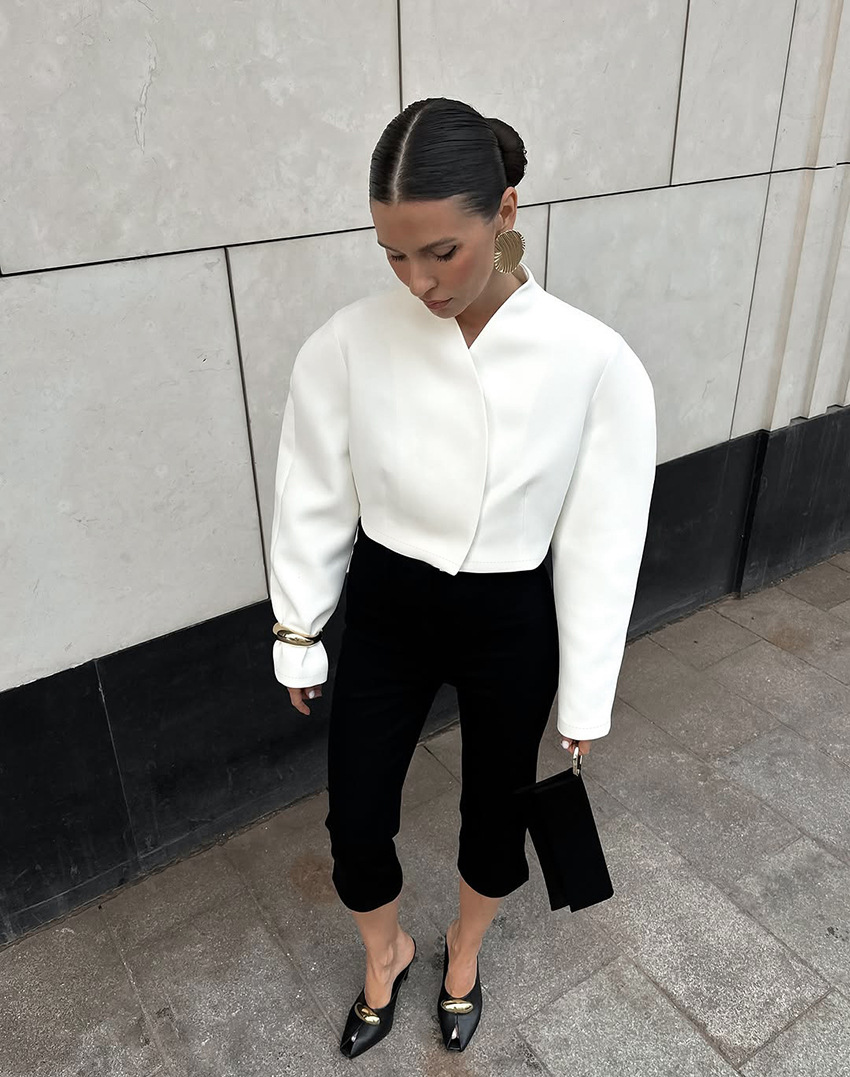Women's Cropped Blazer Jacket, V-Neck Padded Shoulder Wrap Coat, Long Sleeve Formal &amp; Casual Outerwear