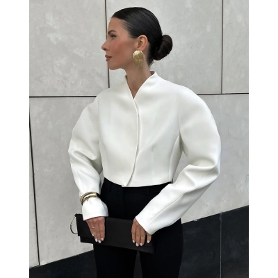 Women's Cropped Blazer Jacket, V-Neck Padded Shoulder Wrap Coat, Long Sleeve Formal & Casual Outerwear 01