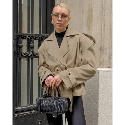 Women's Cropped Trench Coat, Double Breasted Belted Waist Jacket, Notched Lapel Casual Outerwear with Adjustable Cuffs 01
