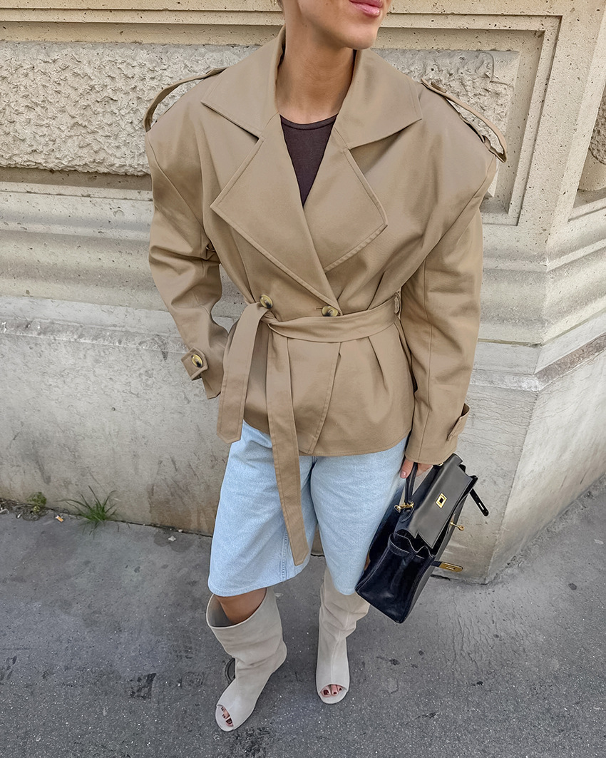 Women's Cropped Trench Coat, Double Breasted Belted Waist Jacket, Notched Lapel Casual Outerwear with Adjustable Cuffs