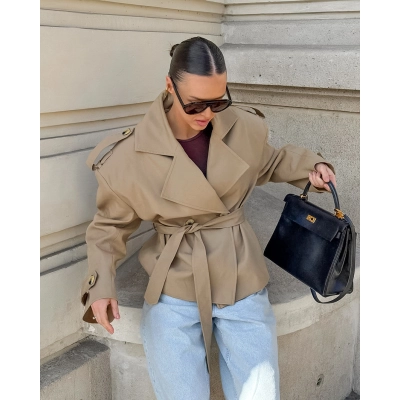 Women's Cropped Trench Coat, Double Breasted Belted Waist Jacket, Notched Lapel Casual Outerwear with Adjustable Cuffs 02