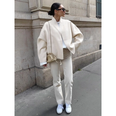Women's Oversized Wool Blend Coat, Stand Collar Open Front Short Jacket, Casual Loose Outerwear for Fall & Winter 02