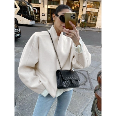 Women's Oversized Wool Blend Coat, Stand Collar Open Front Short Jacket, Casual Loose Outerwear for Fall & Winter 01
