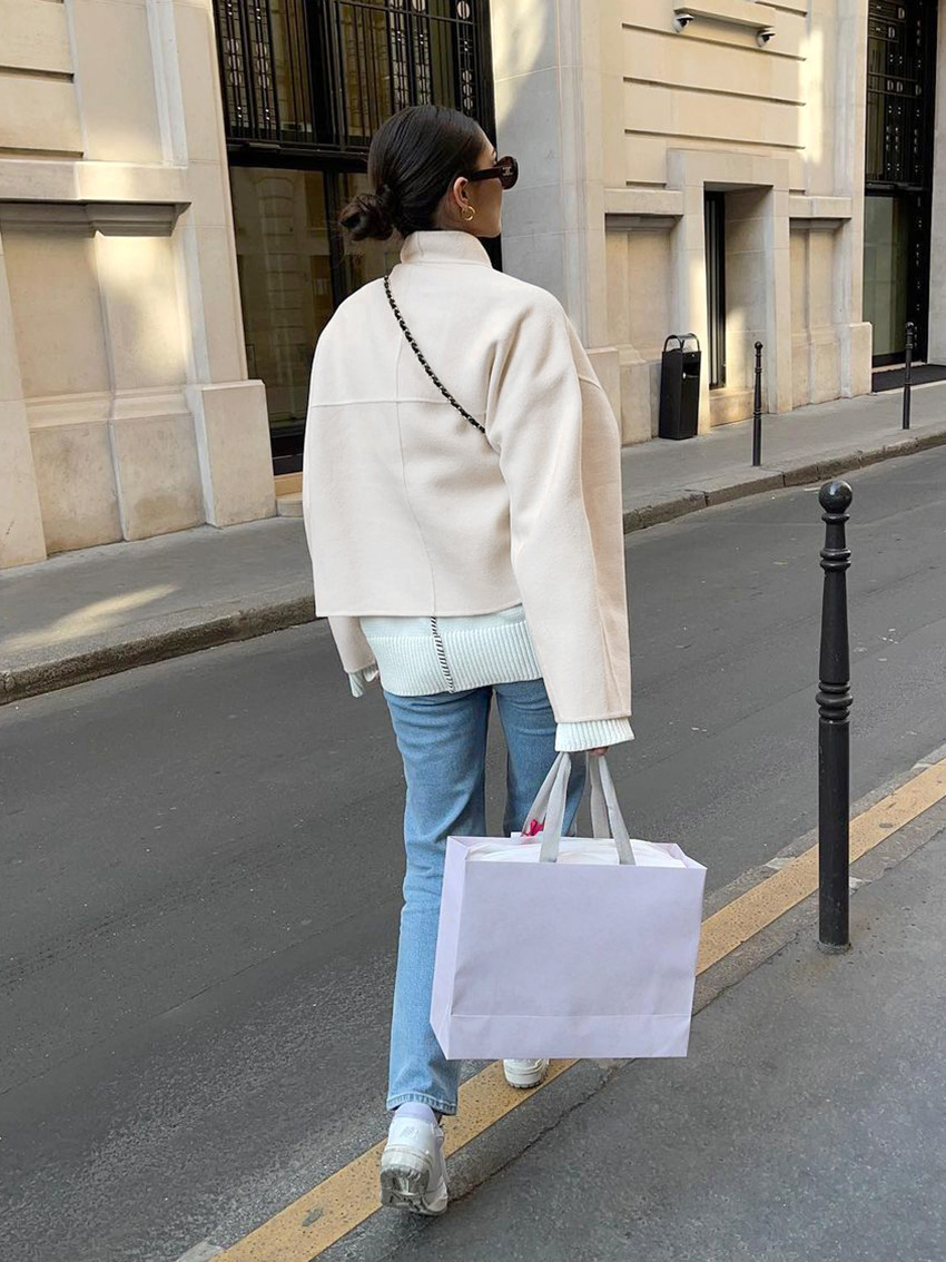 Women's Oversized Wool Blend Coat, Stand Collar Open Front Short Jacket, Casual Loose Outerwear for Fall &amp; Winter