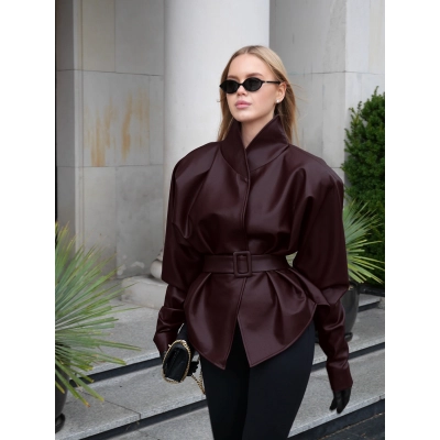 Women's Belted Faux Leather Wrap Jacket, High Neck Cinched Waist Coat with Peplum Hem, Elegant Long Sleeve Outerwear for Fall & Winter 02