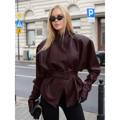 Women's Belted Faux Leather Wrap Jacket, High Neck Cinched Waist Coat with Peplum Hem, Elegant Long Sleeve Outerwear for Fall & Winter 01