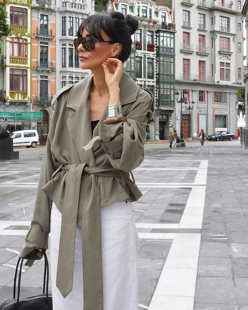 Women's Cropped Trench Jacket, Lapel Collar Belted Waist Lightweight Wrap Coat, Elegant 3/4 Sleeve Casual Outerwear