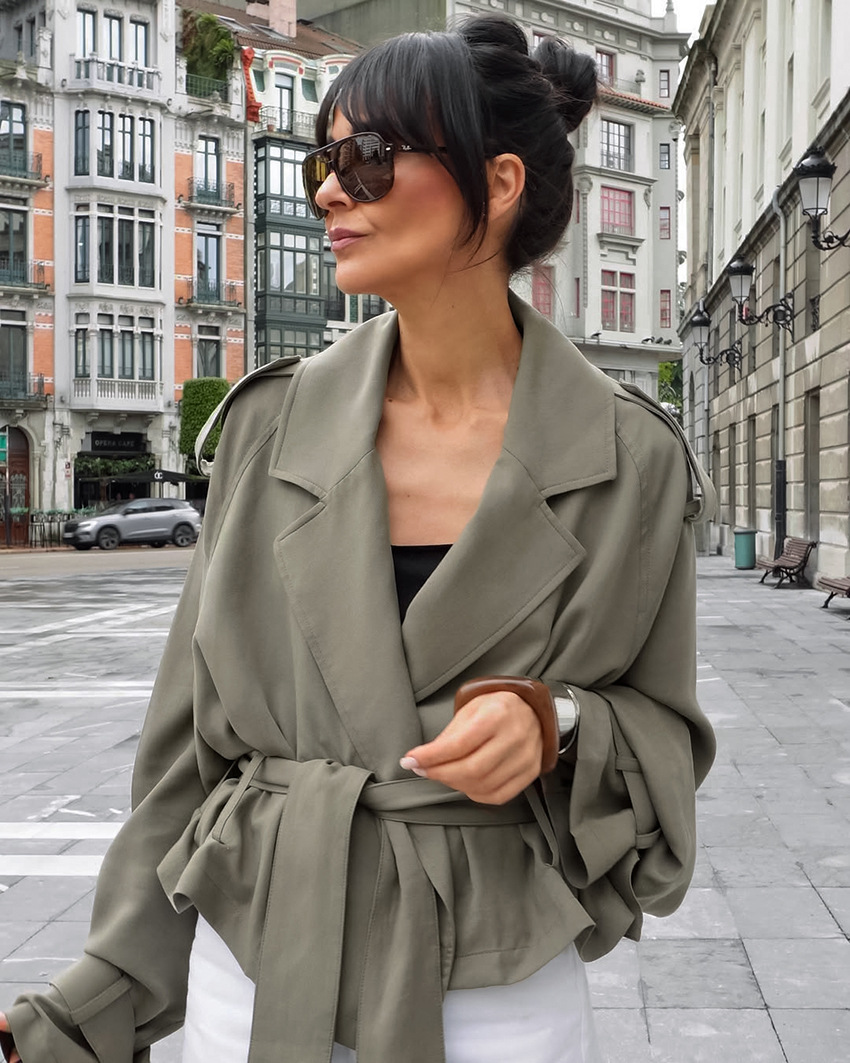 Women's Cropped Trench Jacket, Lapel Collar Belted Waist Lightweight Wrap Coat, Elegant 3/4 Sleeve Casual Outerwear