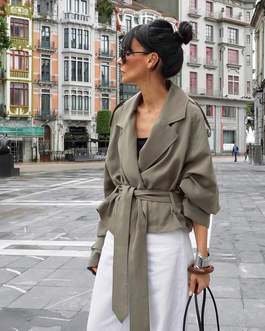 Women's Cropped Trench Jacket, Lapel Collar Belted Waist Lightweight Wrap Coat, Elegant 3/4 Sleeve Casual Outerwear