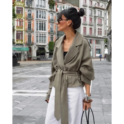 Women's Cropped Trench Jacket, Lapel Collar Belted Waist Lightweight Wrap Coat, Elegant 3/4 Sleeve Casual Outerwear 02