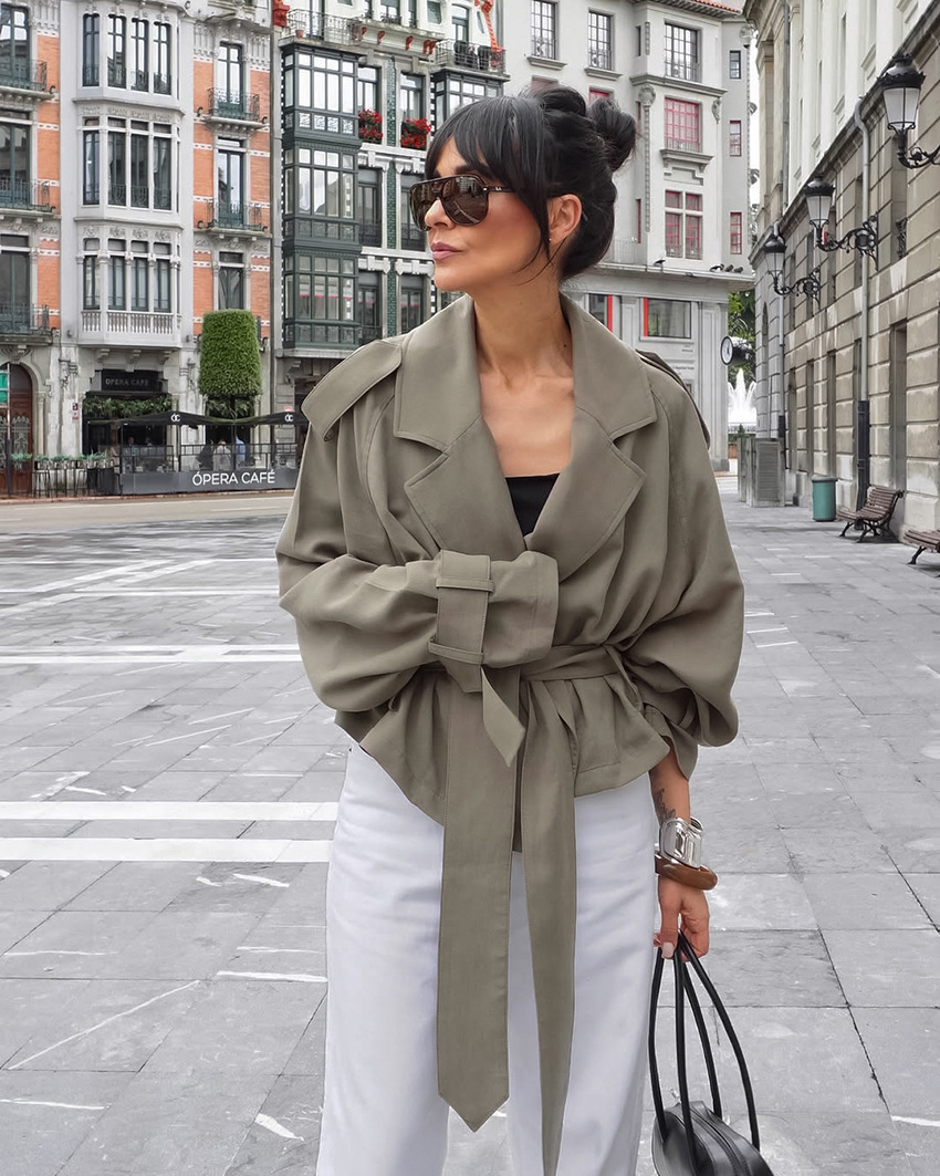 Women's Cropped Trench Jacket, Lapel Collar Belted Waist Lightweight Wrap Coat, Elegant 3/4 Sleeve Casual Outerwear