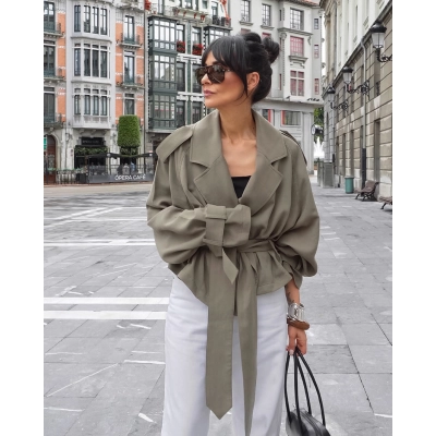 Women's Cropped Trench Jacket, Lapel Collar Belted Waist Lightweight Wrap Coat, Elegant 3/4 Sleeve Casual Outerwear 01