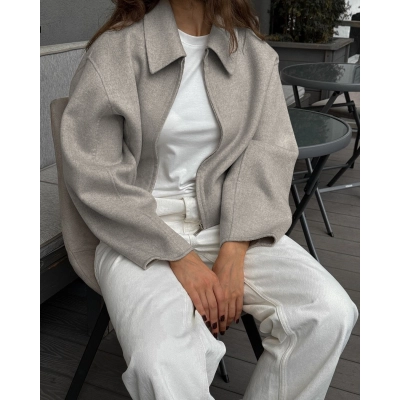 Women's Wool Blend Zip-Up Jacket, Collared Oversized Coat, Casual Relaxed Outerwear for Fall & Winter 02