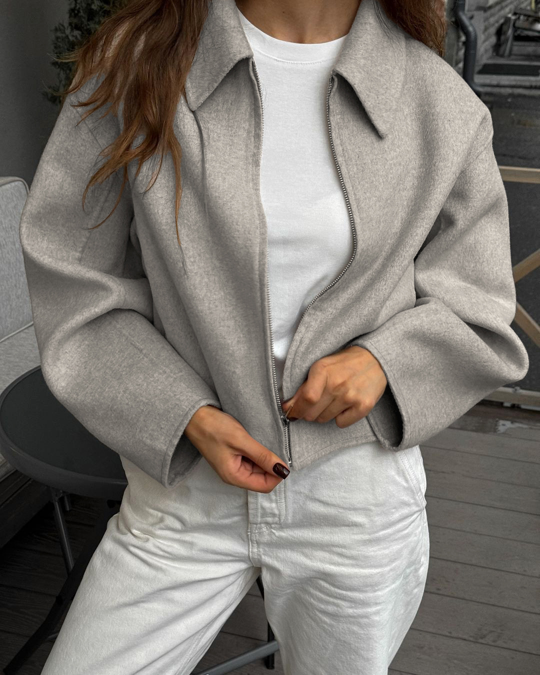 Women's Wool Blend Zip-Up Jacket, Collared Oversized Coat, Casual Relaxed Outerwear for Fall &amp; Winter