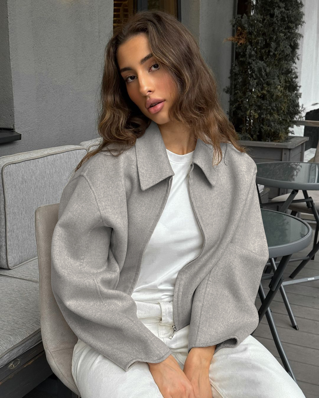 Women's Wool Blend Zip-Up Jacket, Collared Oversized Coat, Casual Relaxed Outerwear for Fall &amp; Winter