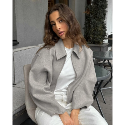 Women's Wool Blend Zip-Up Jacket, Collared Oversized Coat, Casual Relaxed Outerwear for Fall & Winter 01