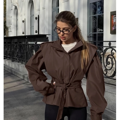 Women's High Neck Puff Sleeve Jacket, Belted Waist Cinched Blouson Top, Elegant Stand Collar Casual Outerwear for Women 02