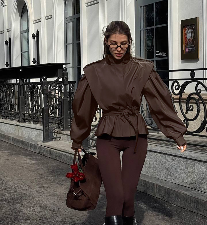 Women's High Neck Puff Sleeve Jacket, Belted Waist Cinched Blouson Top, Elegant Stand Collar Casual Outerwear for Women