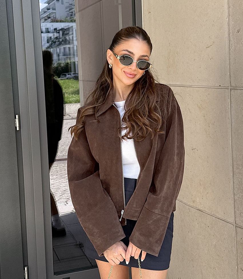 Women's Suede-Like Zip-Up Jacket, Collared Oversized Cropped Coat, Casual Relaxed Outerwear for Fall &amp; Spring