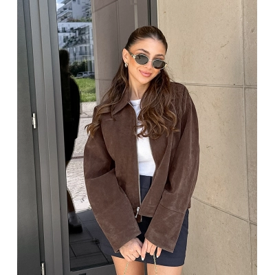 Women's Suede-Like Zip-Up Jacket, Collared Oversized Cropped Coat, Casual Relaxed Outerwear for Fall & Spring 01