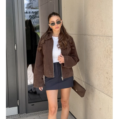 Women's Suede-Like Zip-Up Jacket, Collared Oversized Cropped Coat, Casual Relaxed Outerwear for Fall & Spring 02