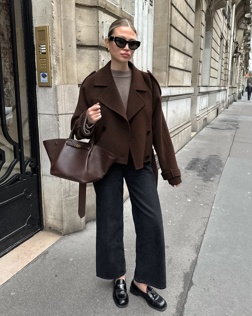 Women's Cropped Wool Blend Trench Coat, Double Breasted Short Jacket with Belt, Elegant Oversized Outerwear for Fall &amp; Winter