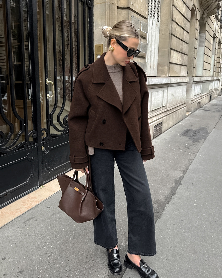 Women's Cropped Wool Blend Trench Coat, Double Breasted Short Jacket with Belt, Elegant Oversized Outerwear for Fall &amp; Winter