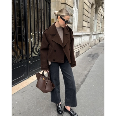 Women's Cropped Wool Blend Trench Coat, Double Breasted Short Jacket with Belt, Elegant Oversized Outerwear for Fall & Winter 02