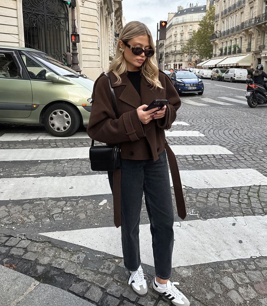 Women's Cropped Wool Blend Trench Coat, Double Breasted Short Jacket with Belt, Elegant Oversized Outerwear for Fall &amp; Winter
