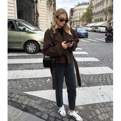 Women's Cropped Wool Blend Trench Coat, Double Breasted Short Jacket with Belt, Elegant Oversized Outerwear for Fall & Winter 01