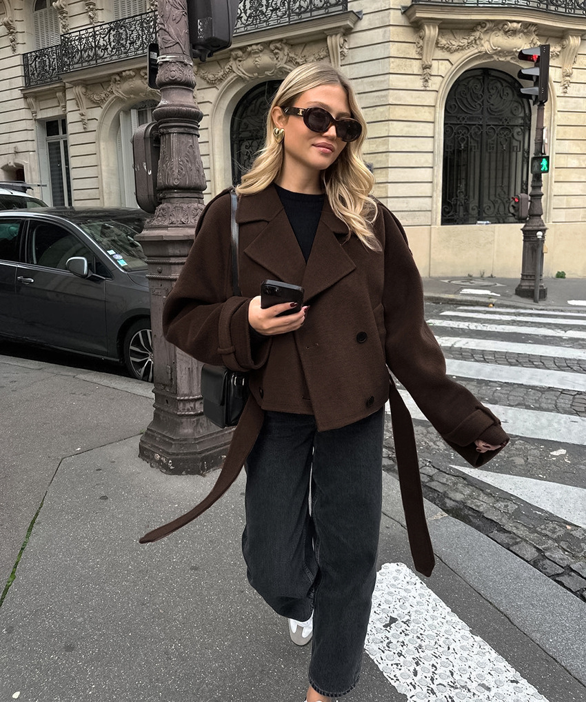 Women's Cropped Wool Blend Trench Coat, Double Breasted Short Jacket with Belt, Elegant Oversized Outerwear for Fall &amp; Winter