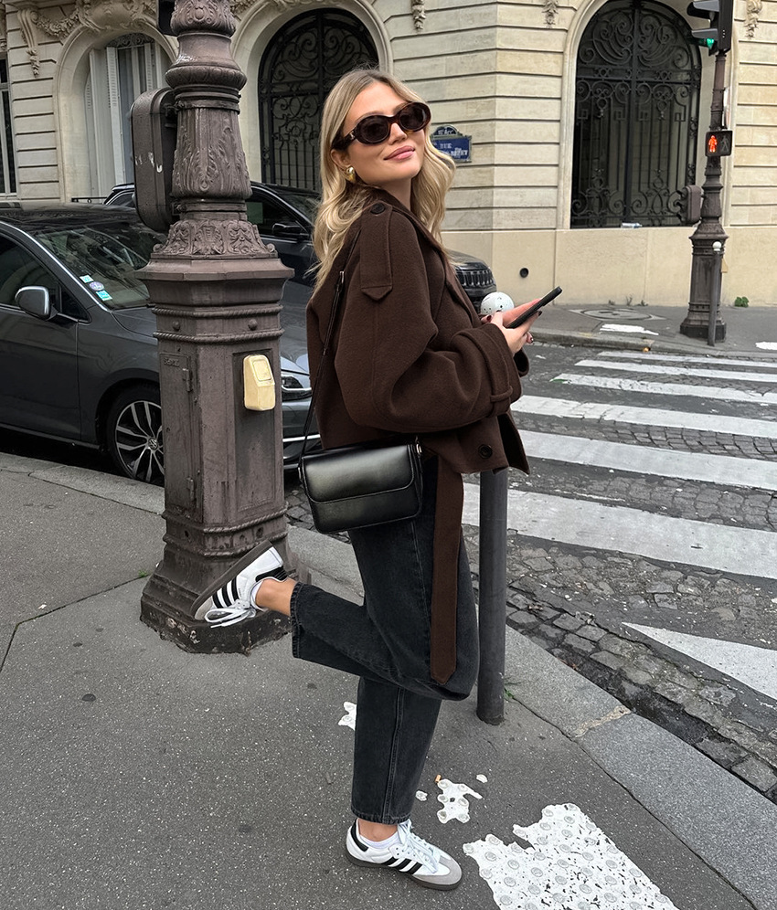 Women's Cropped Wool Blend Trench Coat, Double Breasted Short Jacket with Belt, Elegant Oversized Outerwear for Fall &amp; Winter