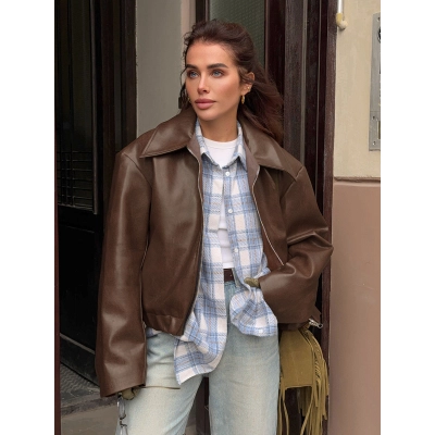 Women's Faux Leather Cropped Jacket, Oversized Zip-Up Coat with Point Collar, Casual Long Sleeve Outerwear for Fall & Winter 01