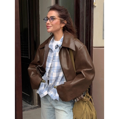 Women's Faux Leather Cropped Jacket, Oversized Zip-Up Coat with Point Collar, Casual Long Sleeve Outerwear for Fall & Winter 02